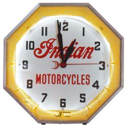 Motorcycle neon clock, Indian, mfgd by Neon Products Inc., prof restored, Exc cond, 18.5"H x 18.5"W