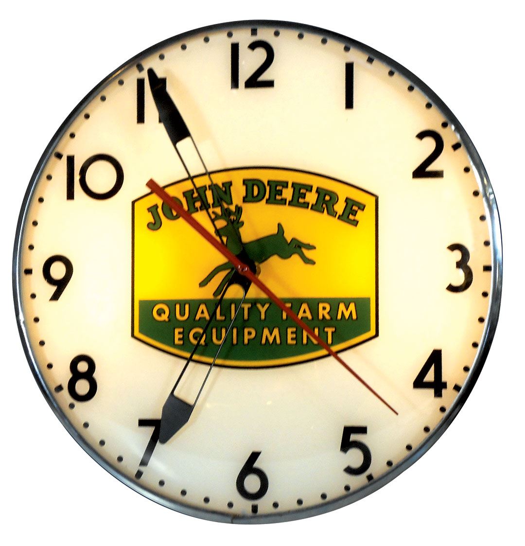 Farm equipment clock, Pam lightup w/John Deere Quality Farm Equipment adv, metal case, glass face