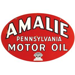 Petroliana, Amalie Motor Oil sign, 2-sided metal oval, marked AM 11-50, Exc+ cond, 20"H x 30"W.