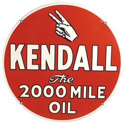 Petroliana, sign, Kendall, The 2000 Mile Oil, 2-sided porcelain, c.1952, Exc cond, 24"Dia.