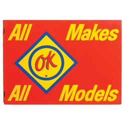 Automobilia, sign, OK Used Cars-All Makes All Models, 2-sided metal flange, Exc cond, 16"H x 22"W.