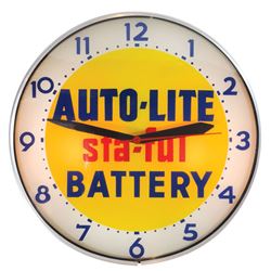 Petroliana, clock, Auto-Lite Battery, round light-up w/convex outer lens, mfgd by Lackner, Near-Mint