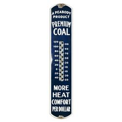 Coal thermometer, Premium Coal, a Peabody Product, porcelain, VG cond w/top & bottom chips, 39 H x 8