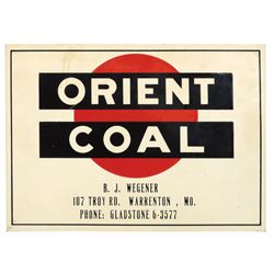 Coal signs (2), Orient, B. J. Wegener-Warrenton, MO, embossed metal w/rolled side edges by Scioto Si