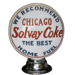 Petroliana, globe, Chicago Solvay Coke The Best Home Fuel, deeply etched milk-glass on light-up chro