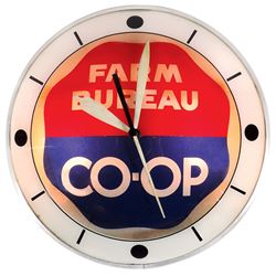 Advertising clock, Farm Bureau Co-op, double-bubble light-up w/red, white & blue face, made by Adver