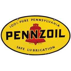 Petroliana, sign, Pennzoil Safe Lubrication, 100% Pure Pennsylvania, marked, "Property of the Pennzo