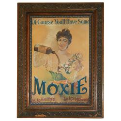 Soda fountain sign, Moxie, litho on embossed metal, VG/Exc cond w/some prof restoration, period wood