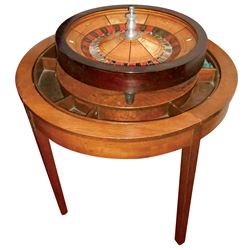 Gambling, roulette wheel w/table, C.L. Thorn, mixed woods, 6 player chip compartments, missing 3 chi