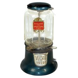 Coin-operated peanut machine, Columbus Model MG, 1 Cent, cast aluminum & glass, VG orig cond, 14"H.