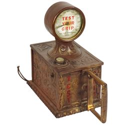 Coin-operated machine, Test Your Grip, grip tester w/cigar lighter, 1 Cent, cast iron w/paper dial,
