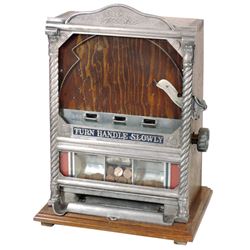 Coin-operated trade stimulator, 3 Jacks, mfgd by Fields, oak case w/cast aluminum front, c.1930's, E