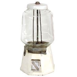 Coin-operated peanut machine, Hawkeye, 1 Cent, white porcelain w/2 coin slots, the lower for a bent 