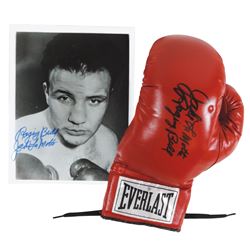 Sports, boxing glove, signed by Raging Bull Jake LaMotta, Everlast red 12 & signed photo, Exc cond, 