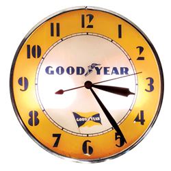 Automobilia, clock, Goodyear light-up, metal case w/glass face, Exc working cond, 14.5"Dia.