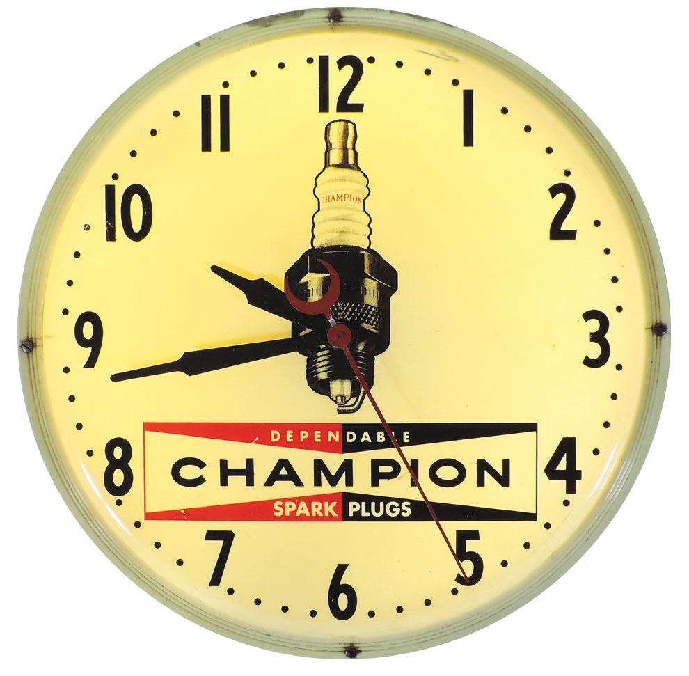 Automobilia, clock, Champion Spark Plugs, lightup, mfg by Neon
