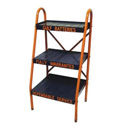 Automobilia, display stand, Gulf Batteries, 3-shelf tiered metal, VG/Exc cond, 45"H x 22"W x 17"D at