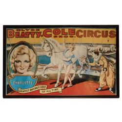 Circus poster, Beatty-Cole Bros., features Charlotte, the Greatest Bareback Rider of All Time, VG co