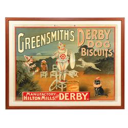 Advertising sign, Greensmith's Derby Dog Biscuits, litho on cdbd by R. Allen & Son, Ltd., Nottingham