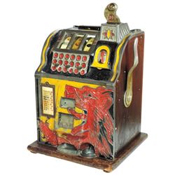 Coin-operated slot machine, Mills Lion's Head, 5 Cent, c.1931-32, orig paint & paper w/replaced back