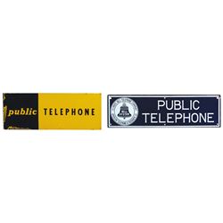 Telephone signs (2), Illinois Bell Telephone Co., porcelain, VG/Exc cond, 5"H x 19.5"W & Public Tele