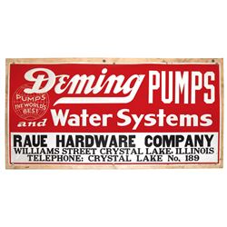 Hardware store sign, Deming Pumps and Water Systems, Raue Hardware Co.-Crystal Lake, Il, embossed me