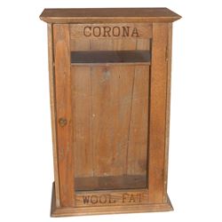 Veterinary cabinet, Corona Wool Fat, oak w/glass front, impressed adv on door, Exc orig cond, 24"H x