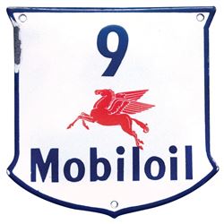 Petroliana, bottle rack sign, Mobiloil 9 w/Pegasus, porcelain curved shield, c.1950, VG cond w/edge 