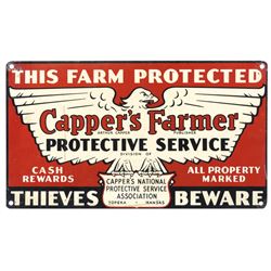 Farm signs (2), Capper's Farmer Protective Service-Topeka, KS, litho on metal, VG cond, 8"H x 13.75"