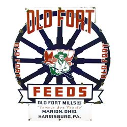 Feed sign, Old Fort Feeds, Old Fort Mills, Inc.-Marion, Ohio & Harrisburg, PA, 4-color diecut porcel