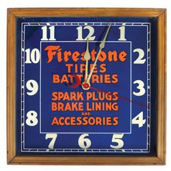 Automobilia, clock, Firestone, wooden frame w/dovetailed corners & glass cover, VG/Exc cond, 15.25"S