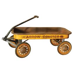 Child's wagon, Arrow Coaster, pressed steel w/orig paint, metal spoke wheels, VG orig cond, 14 H x 4