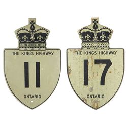 Automobilia, highway signs (2), Ontario The King's Highway 11, Exc cond & 17, Good weathered cond,