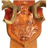 Image 2 : Taxidermy, mounted elk antlers, embossed copper center shows elk in forest, Exc cond, 55"spread.