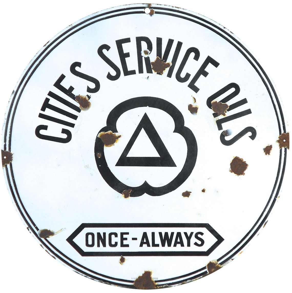 Petroliana, sign, Cities Service Oils, Veribrite Sign Co.Chicago, 2sided porcelain, Good cond w/fe