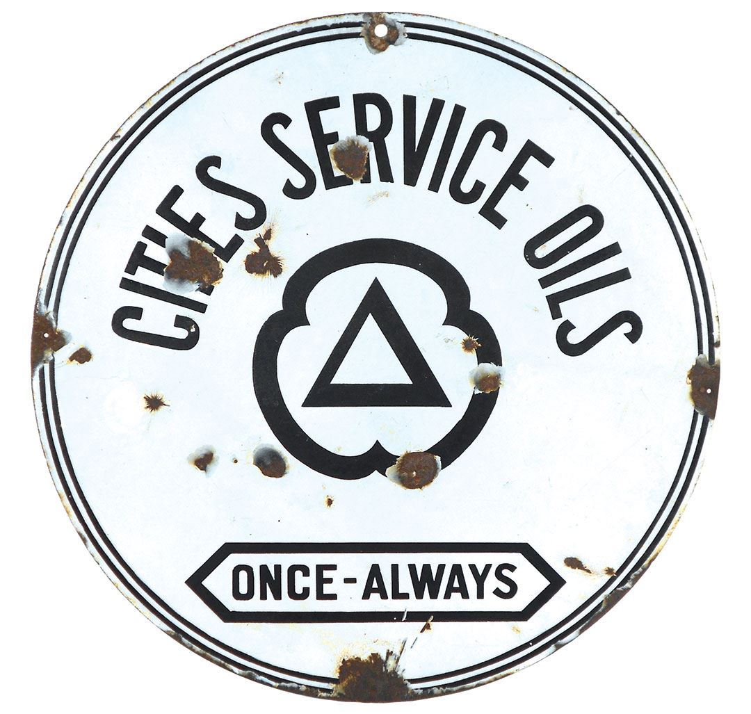 Petroliana, sign, Cities Service Oils, Veribrite Sign Co.Chicago, 2sided porcelain, Good cond w/fe