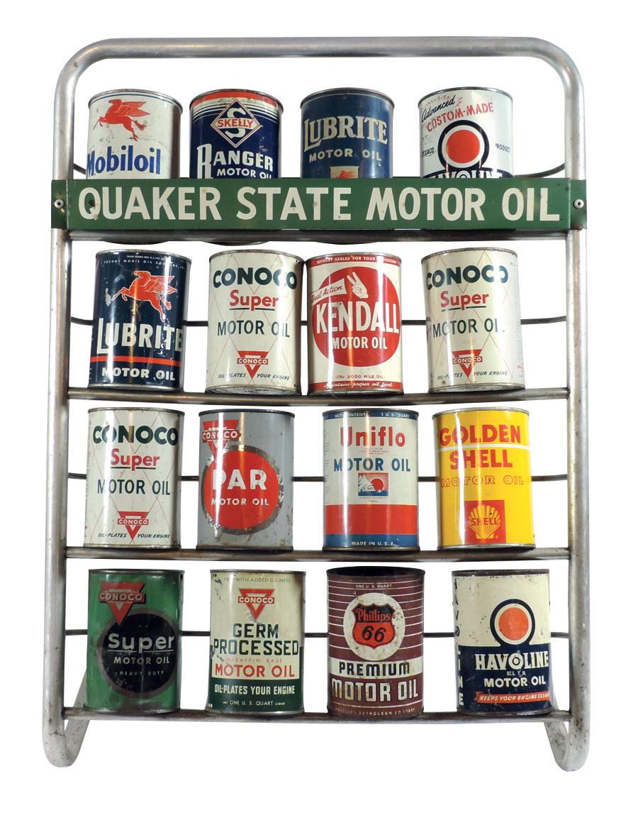 Petroliana, display rack & cans (17), Quaker State Motor Oil metal rack