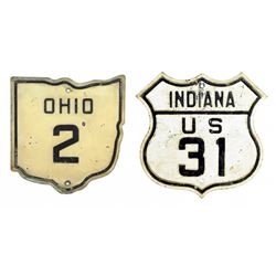 Automobilia, highway signs (2), Ohio 2 & Indiana US 31, stamped steel, VG cond, Ohio 15"H x 16"W, In