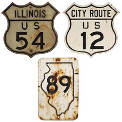 Automobilia, highway signs (3), US 12 City Route, VG cond; US Illinois 54, Good cond, & I