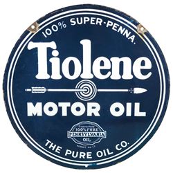 Petroliana, sign, Tiolene Motor Oil, The Pure Oil Co., 2-sided porcelain, mfgd by Reliance Advertisi