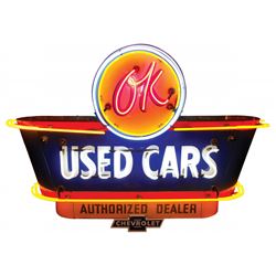 Automobilia, dealer sign, OK Used Cars, 2-sided neon & porcelain, attached Chevrolet sign at bottom,