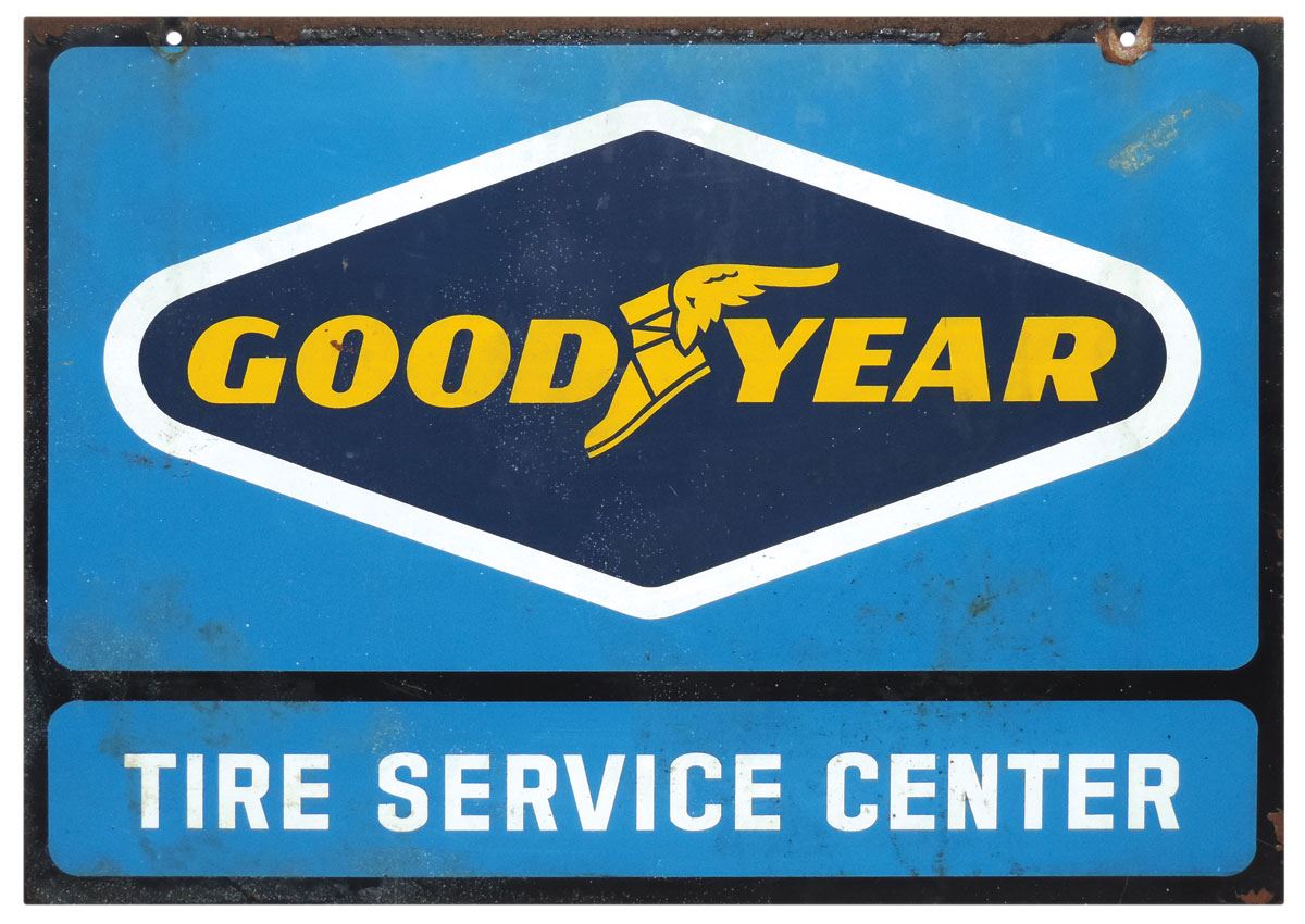 Automobilia, sign, Goodyear Tire Service Center, 2sided metal, VG+ cond, 18"H x 24"W.