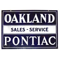 Automobilia, sign, Oakland Pontiac Sales-Service, 2-sided porcelain, Exc cond w/a few minor chips on