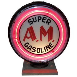 Petroliana, neon gasoline globe, A.M. Super Gasoline, 1-pc metal frame w/glass inserts, neon & adv