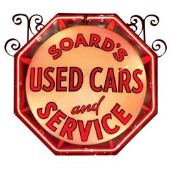 Automobilia, neon dealer sign, Soard's Used Cars & Service, 2-sided, octagon shape copper flashed me