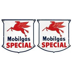 Petroliana, pump plates (2), Mobilgas Special w/Pegasus graphic, porcelain, c.1949 & 1947, Exc cond,