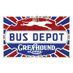 Automobilia, sign, Greyhound Lines Bus Depot, 2-sided porcelain, VG cond both sides, 20"H x 30"W.