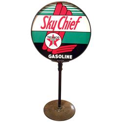 Petroliana, curb sign, Texaco Sky Chief Gasoline, 2-sided metal on cast iron base,
