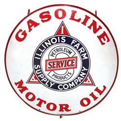 Petroliana, sign, Illinois Farm Supply Gasoline Motor Oil, 2-sided porcelain in orig cast iron frame