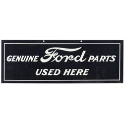 Automobilia, sign, Ford Genuine Parts Used Here, enameled metal, VG cond, 9.5"H x 26"W.